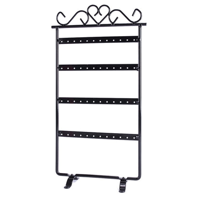 Black jewelry stand holder rack with four tier bars and curved earring hooks on top.