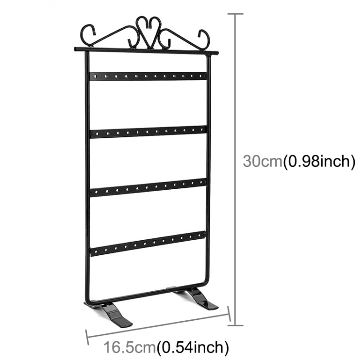 Black jewelry display stand with four rows of studded bars and top earring hooks.