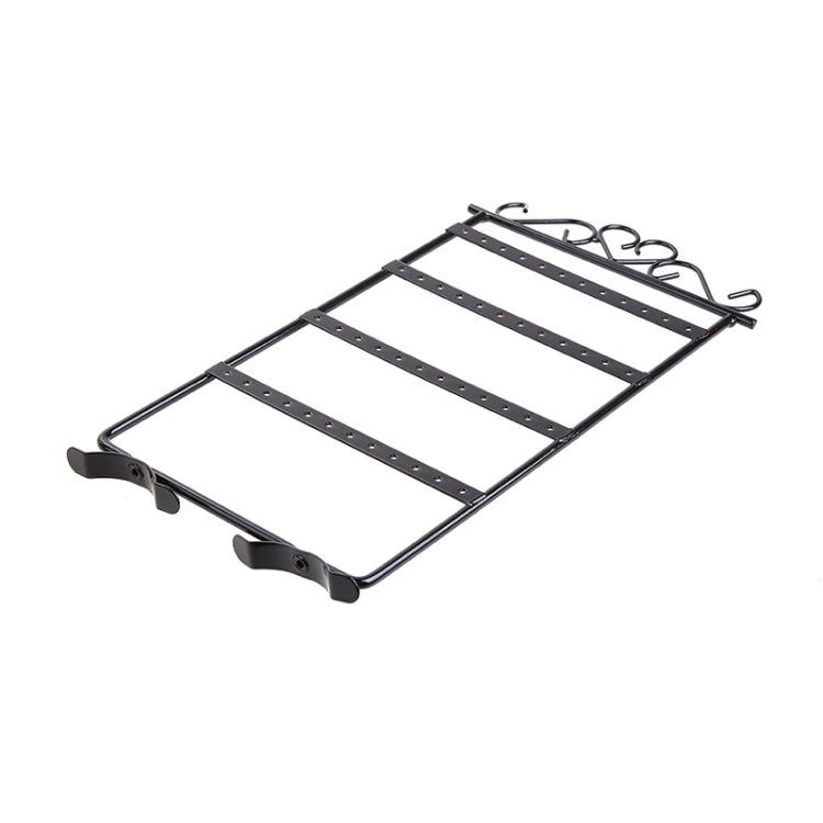 Black necklace and earring stand holder with hinged feet and four studded tiers.