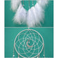 Close-up of white feather dream catcher wall hanging with web hoop and silver dangling chains