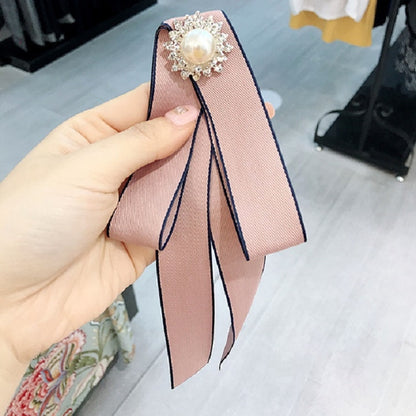Pink pearl rhinestone bow-knot brooch with long ribbon tails and round faux pearl center
