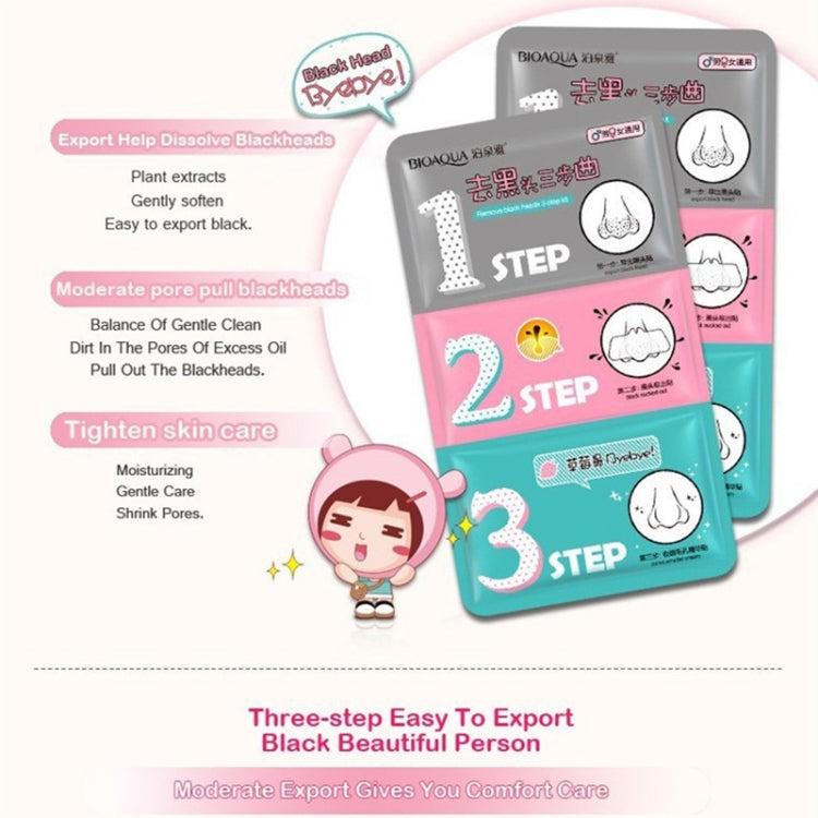 3-step pig nose mask kit box and pouches with step icons for pore tightening