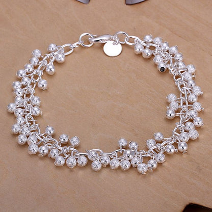 Silver-plated grape charm bracelet with lobster buckle, ball clusters, and 925 tag