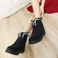 Ladies black lace-up snow boots with white faux-fur collar and textured rubber sole