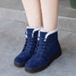 Ladies blue ankle-high lace-up snow boots with white faux-fur collar and rubber sole