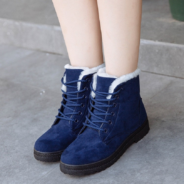 Ladies blue ankle-high lace-up snow boots with white faux-fur collar and rubber sole