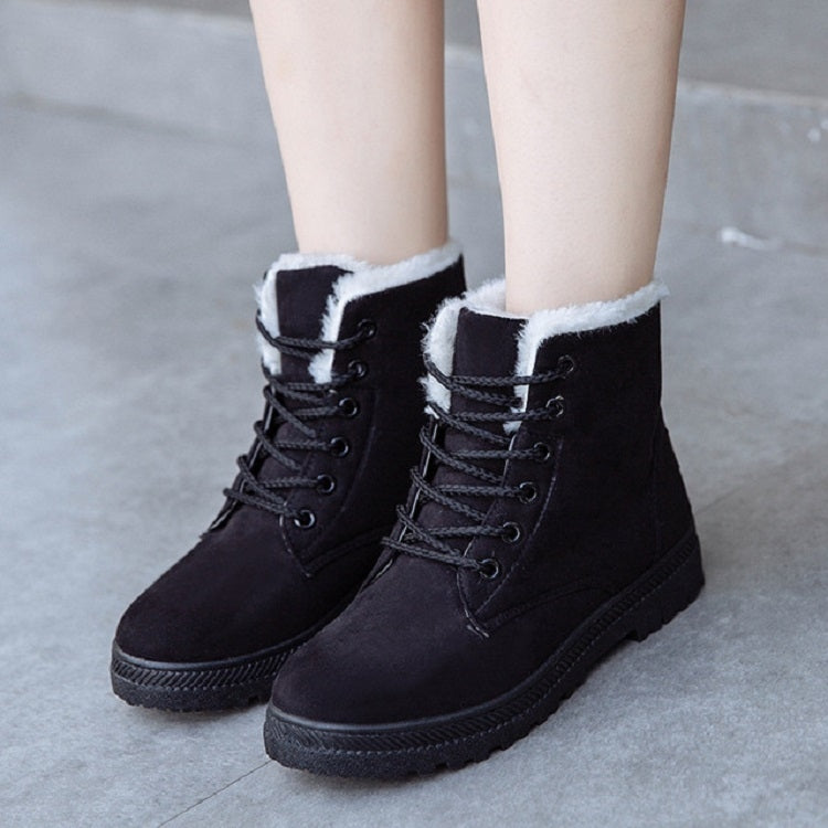Ladies black lace-up winter boots with white faux-fur cuff and rubber outsole