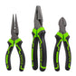 Multi-tool plier set: long-nose, diagonal, and cutting pliers with green-and-black grips