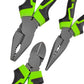 Assorted plier heads close-up with green-and-black handles and serrated cutting edges