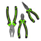 Pliers kit showing long-nose and diagonal/cutting tools with green-and-black textured grips