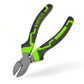 Diagonal/cutting pliers with green-and-black handles and curved jaws for wire cutting
