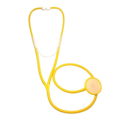 Yellow child role-play stethoscope toy with white earpieces and round chest piece