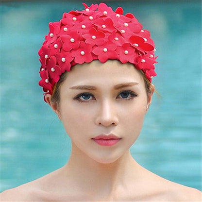 Red 3D floral handmade swimming cap with pearl-like bead accents
