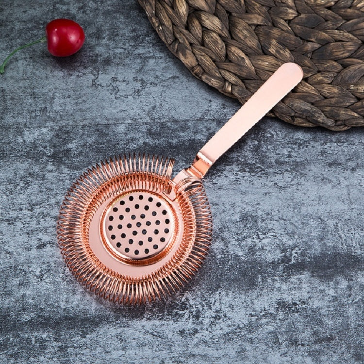 Rose gold bartender ice strainer with spiral mesh and perforated filter disc, long handle