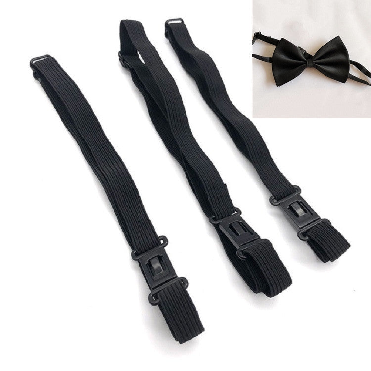 Dark adjustable bow tie straps with metal sliders and buckles, 53 cm length
