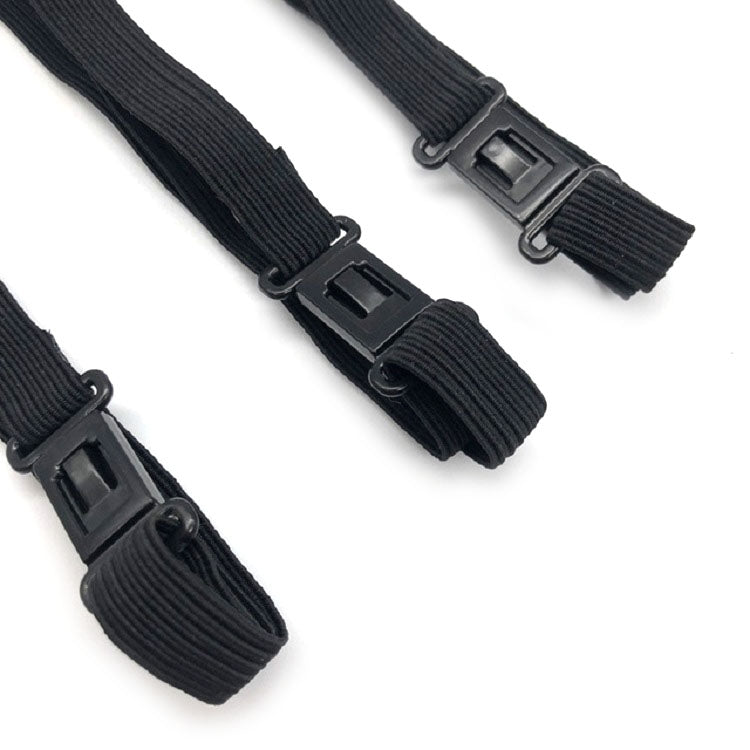 Dark bow tie straps showing adjustable buckles and ribbed fabric ends