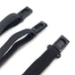 Dark bow tie strap ends with metal brackets and punched adjustment holes