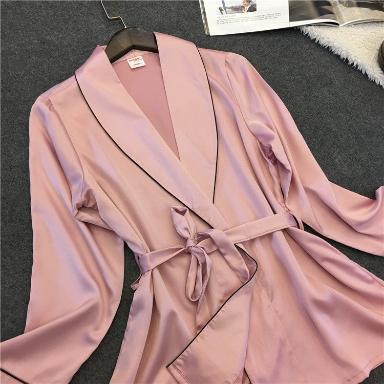 Silk-look blush robe pajama top with V-neck and belt tie, plus matching pants