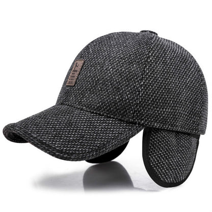 Dark gray textured baseball cap with curved brim, ear flaps, and leather logo patch