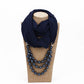 Navy scarf with black imitation pearl necklace, layered dark bead strings