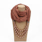 Brown scarf with imitation pearl bead necklace, layered light brown beads and pearls.