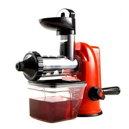 Manual citrus juicer with red base, black head, clear pulp container, and metal auger