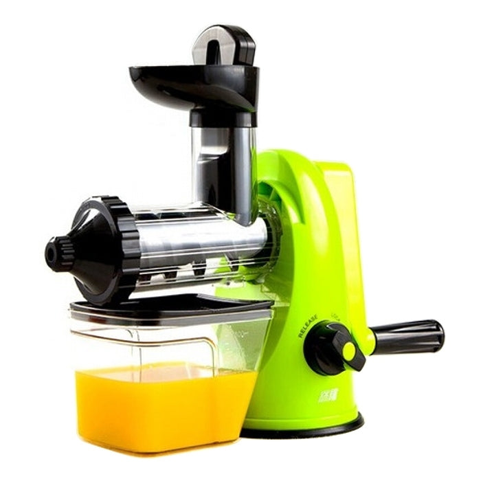 Manual citrus juicer with green base, black head, clear pulp container and side crank