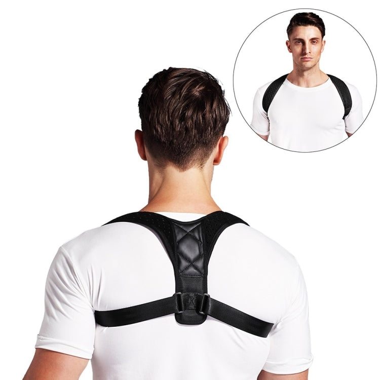 Back posture corrector brace with black straps and central padded panel, adjustable clasp