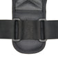 Adjustable black strap and buckle on posture corrector back brace, padded interior