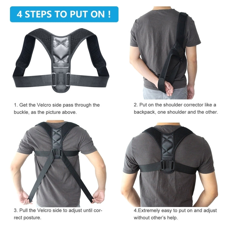 Posture correction back brace with black shoulder harness and adjustable side closure
