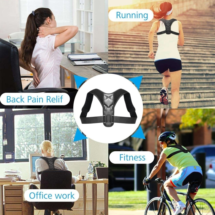 Black posture support back brace with adjustable central clasp, shown in inset close-up