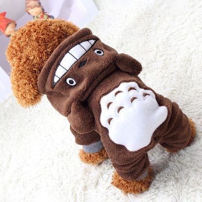 Brown chinchilla fleece dog costume with hood, cartoon face, and padded legs.