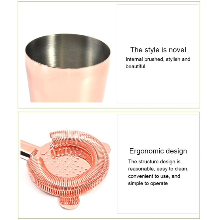 Rose gold bar tools set with brushed cup and copper mesh strainer detail