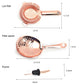 Rose gold mixing tools diagram showing filter, strainer spoon and pourer dimensions