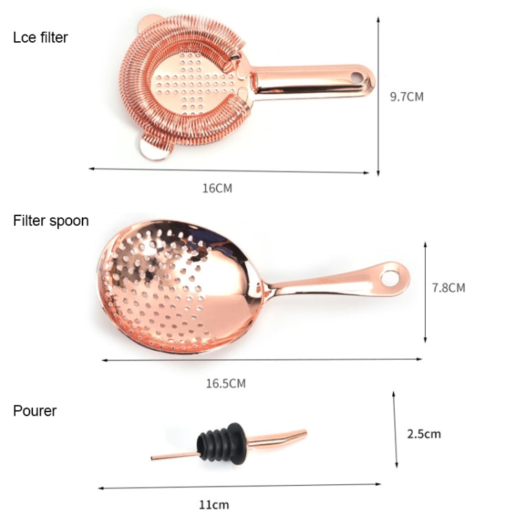 Rose gold mixing tools diagram showing filter, strainer spoon and pourer dimensions