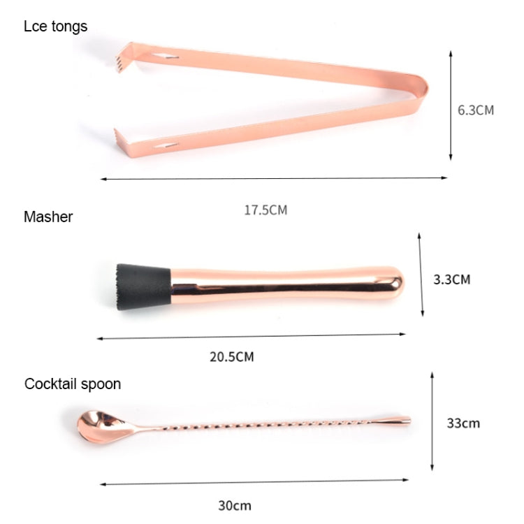 Rose gold mixing tools diagram showing tongs, masher and cocktail spoon sizes