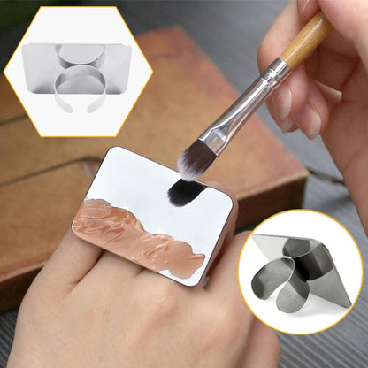Small square stainless steel cosmetic mixing palette with wells and makeup brush