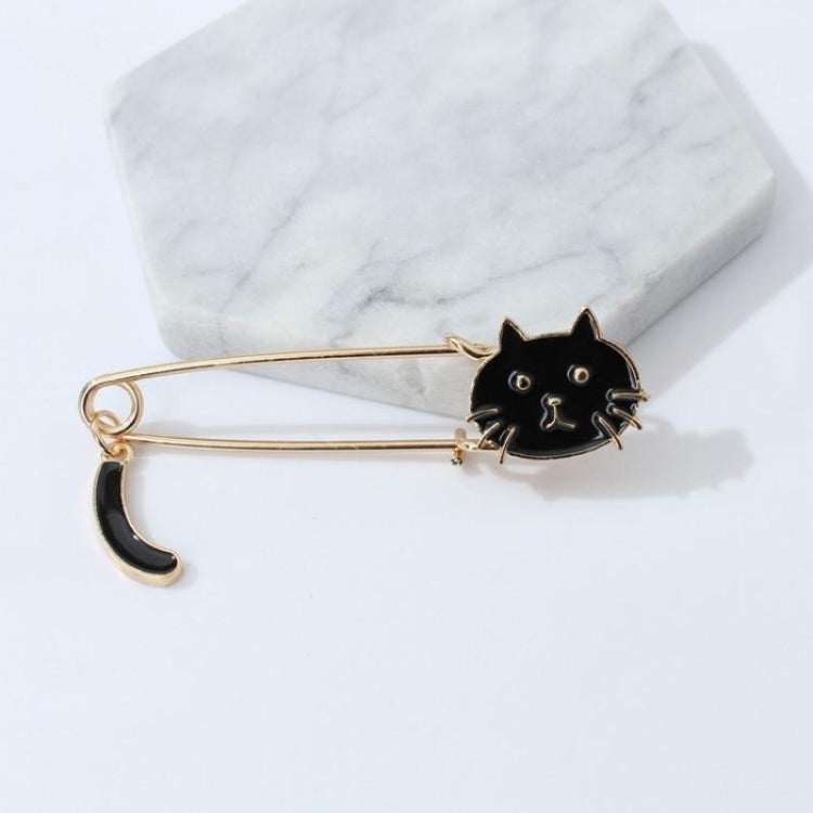 Black cat enamel pin brooch with curled tail, gold-toned pin and clasp