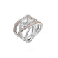 Studio view of rose gold and silver-toned cross engagement ring with round zircon