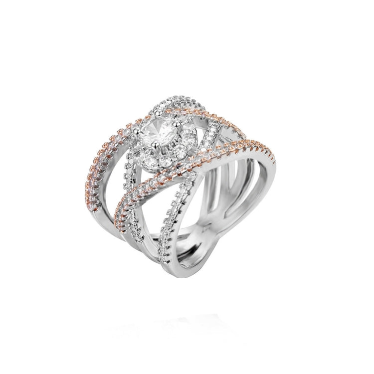 Studio view of rose gold and silver-toned cross engagement ring with round zircon
