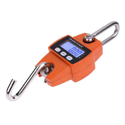 Orange digital hanging hook scale with stainless steel U-shaped hook and LCD display