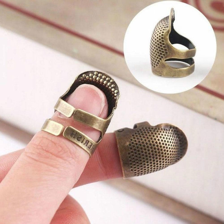 Pair of adjustable metal sewing thimbles with perforated texture and open top