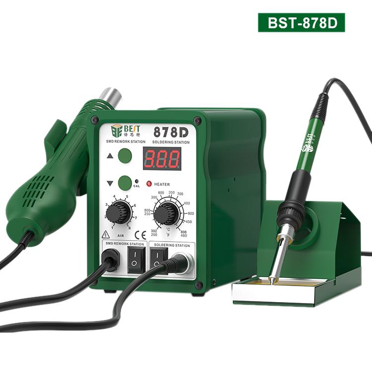 BST-878D hot air gun and soldering iron rework station with green control panel