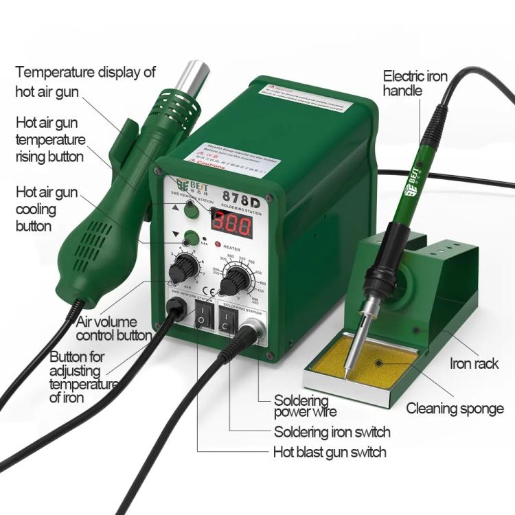 BST-878D hot air soldering station with iron holder, cleaning sponge, and control knobs