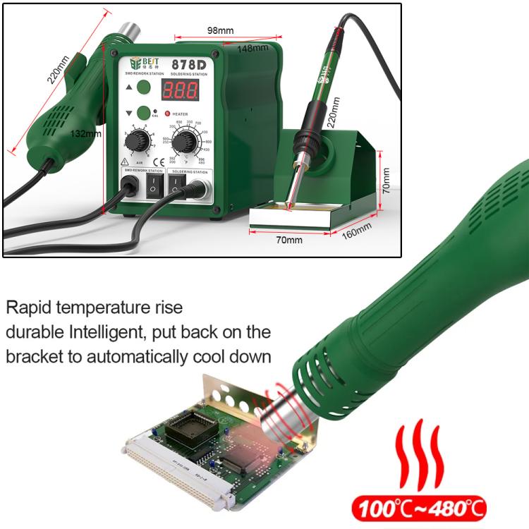 BST-878D hot air and soldering station with iron stand and circuit board in use