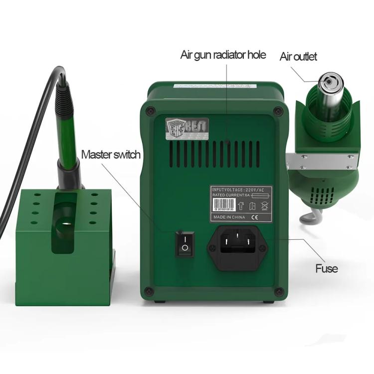 BST-878D station rear panel with air outlet, master switch, and fuse