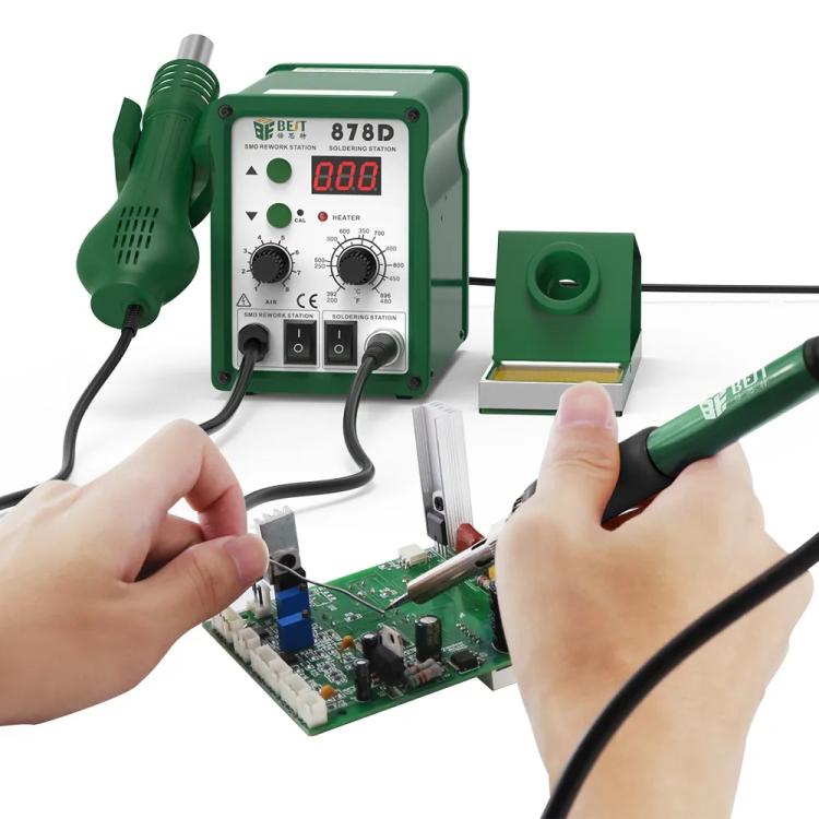 BST-878D station soldering a PCB with hot air nozzle and soldering iron tips