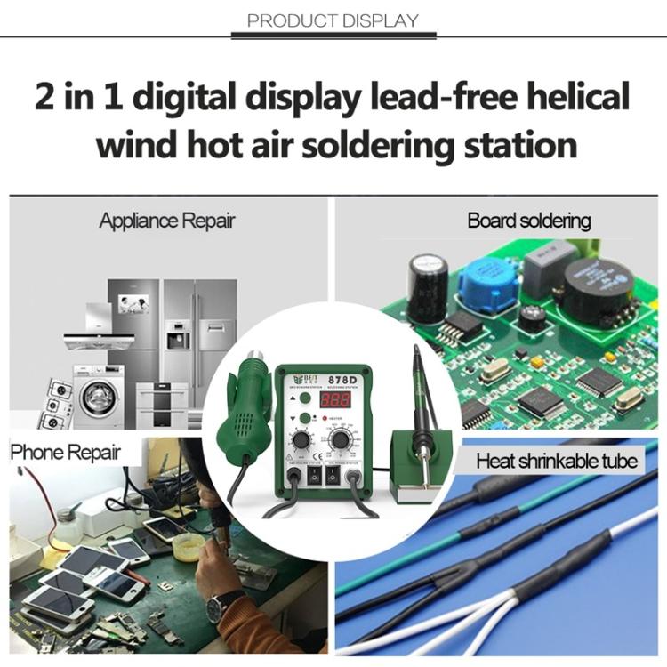 BST-878D hot air soldering station with circuit board and heat-shrink tubing