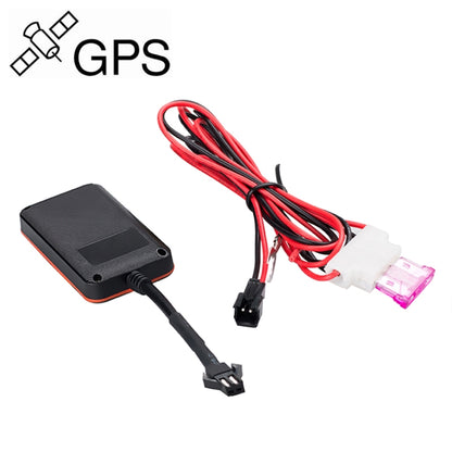 Black GPS vehicle tracker module with red/black wire harness and 2-pin connector.
