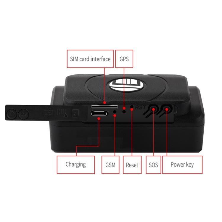 Black GPS tracker with labeled SIM card, GPS, charging, GSM, reset, SOS, power key